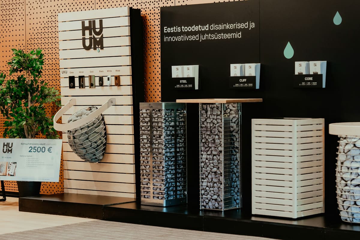 A branded showcase stand presenting products at an exhibition.