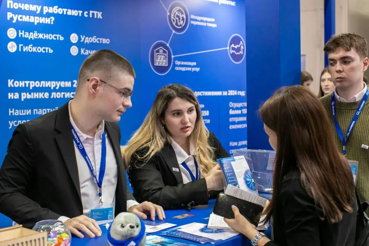 A modern expo booth set up for visitor engagement.